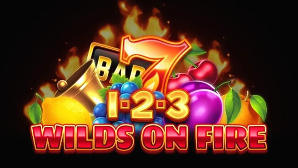 Tampilan layar permainan slot 1-2-3 Wilds on Fire dengan simbol buah dan efek api