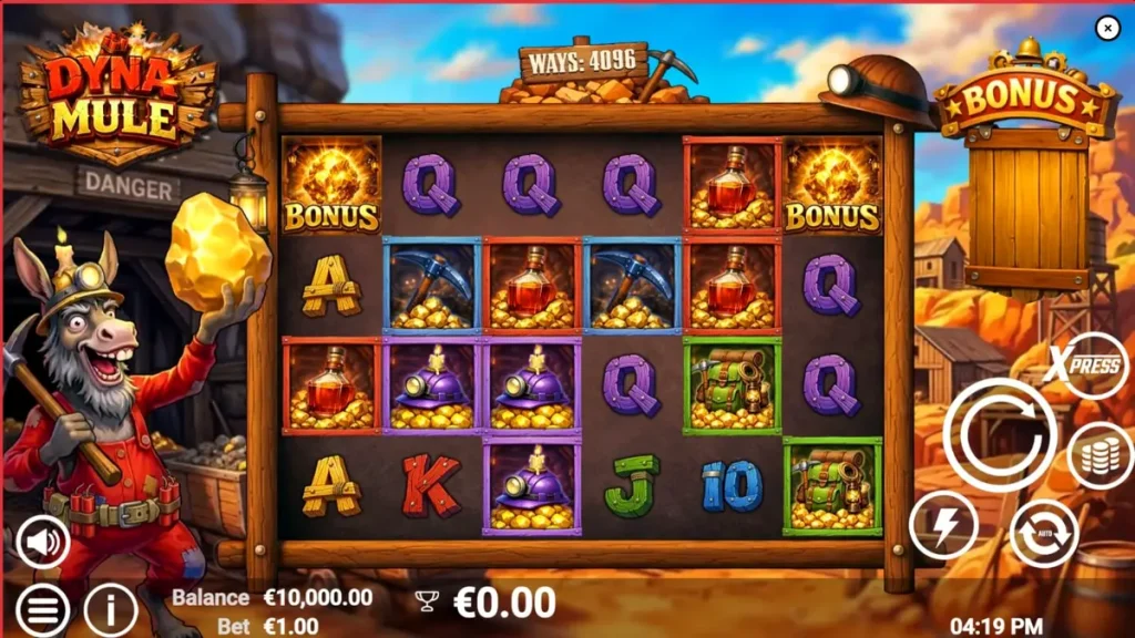Dyna Mule slot machine interface with mining theme and mechanical mule wild