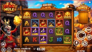 Dyna Mule slot machine interface with mining theme and mechanical mule wild